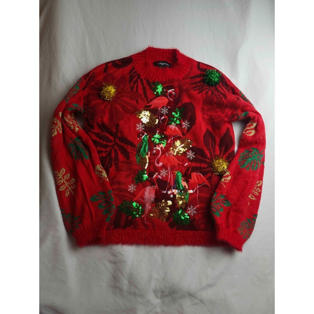 33 Degrees Ugly‎ Christmas Sweater Womens XS Red Flamingo Sequin Pompom Tropical